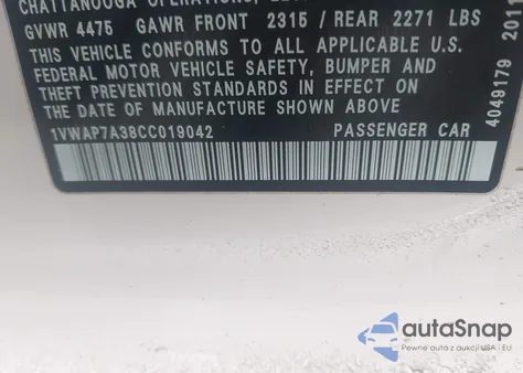 2012 Volkswagen Passat 2.5L S from USA, damaged, VIN 1VWAP7A38CC019042